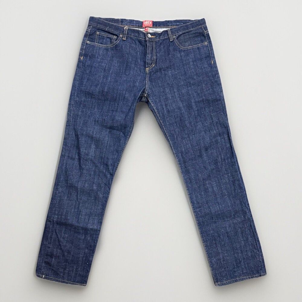 BIN2 OBEY Propaganda Mens Jeans 38x31 Slim Straight Dark Wash Cotton Button Fly